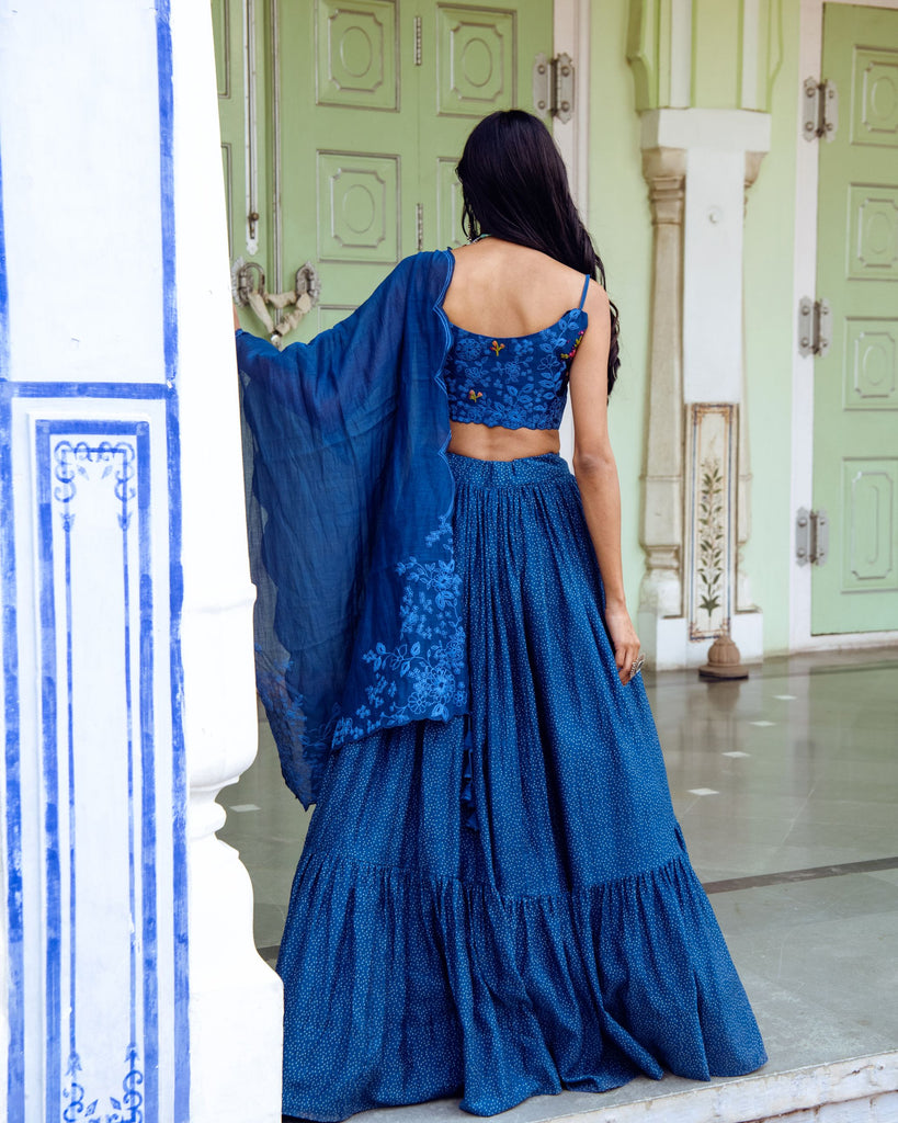 Chanderi Blue Lehenga Set with work on blouse
